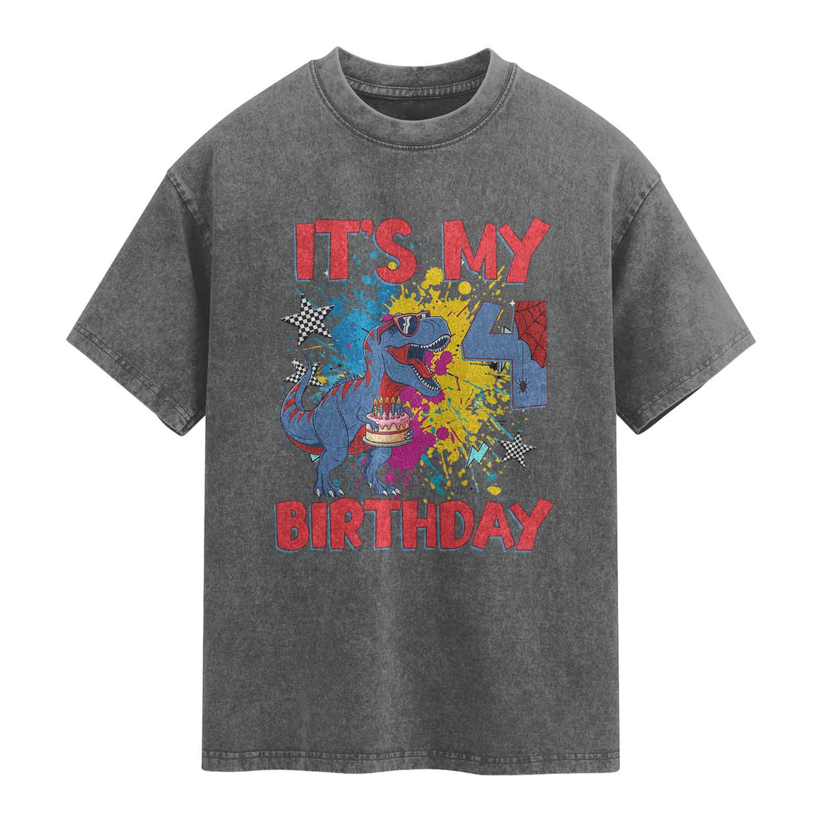 Dino Spider Its My 4th Birthday Washed Cotton T-Shirt Dinosaur Gift For Boys