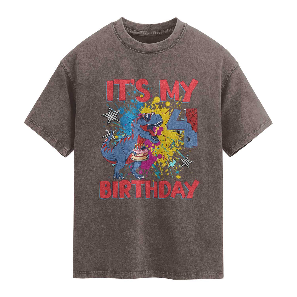 Dino Spider Its My 4th Birthday Washed Cotton T-Shirt Dinosaur Gift For Boys