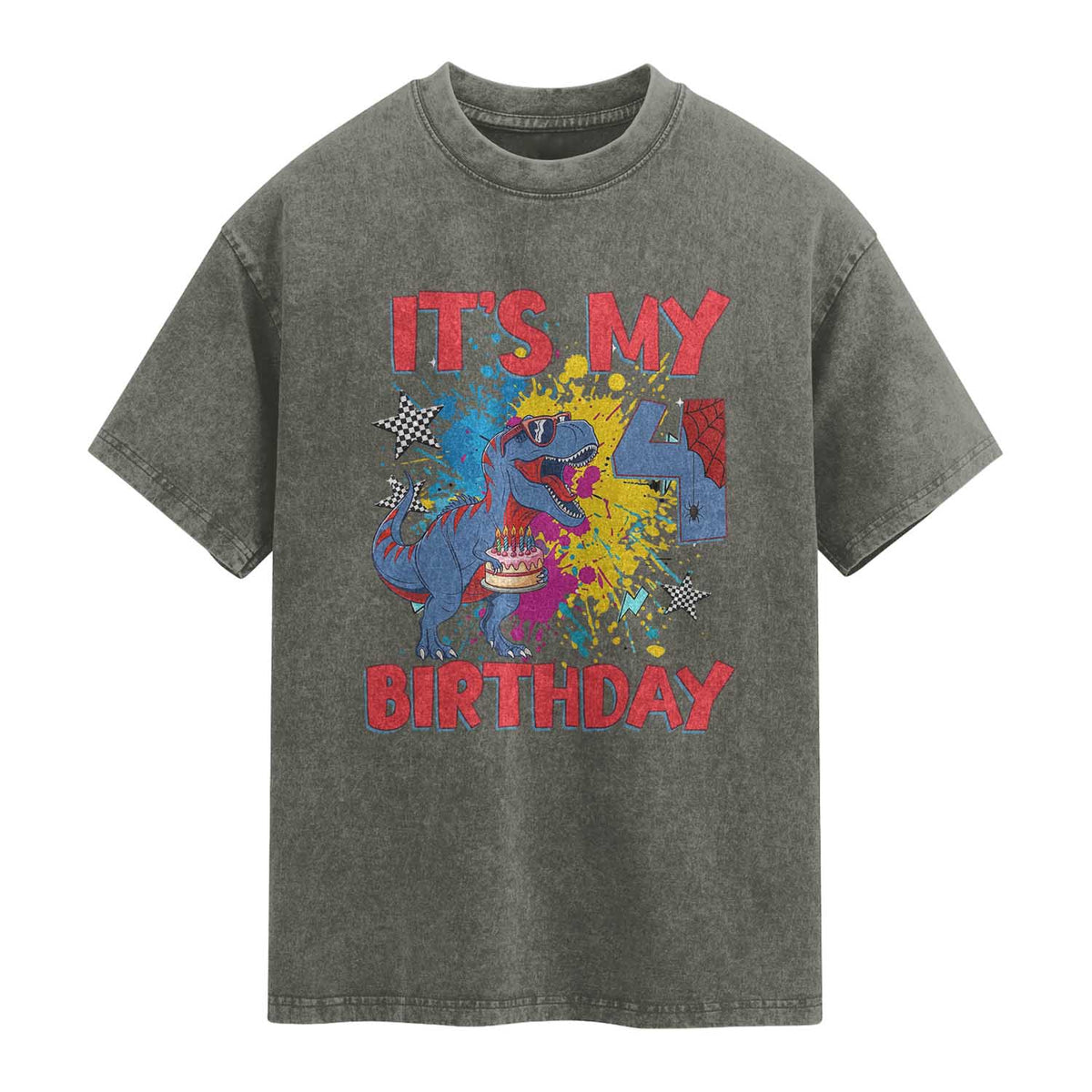 Dino Spider Its My 4th Birthday Washed Cotton T-Shirt Dinosaur Gift For Boys