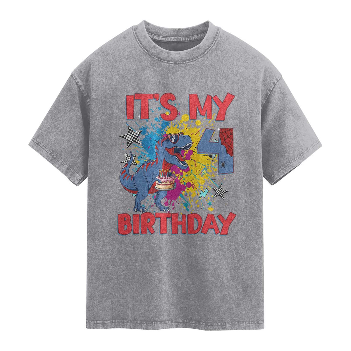Dino Spider Its My 4th Birthday Washed Cotton T-Shirt Dinosaur Gift For Boys