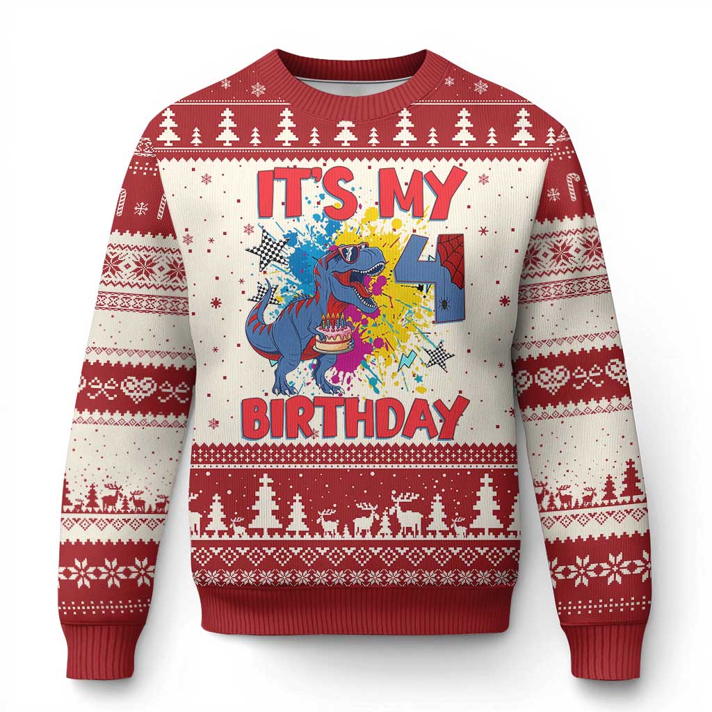 Dino Spider Its My 4th Birthday Ugly Christmas Sweater Dinosaur Gift For Boys TS12 Beige Red Print Your Wear