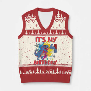 Dino Spider Its My 4th Birthday V-Neck Knit Sweater Vest Dinosaur Gift For Boys TS12 Beige Red Print Your Wear