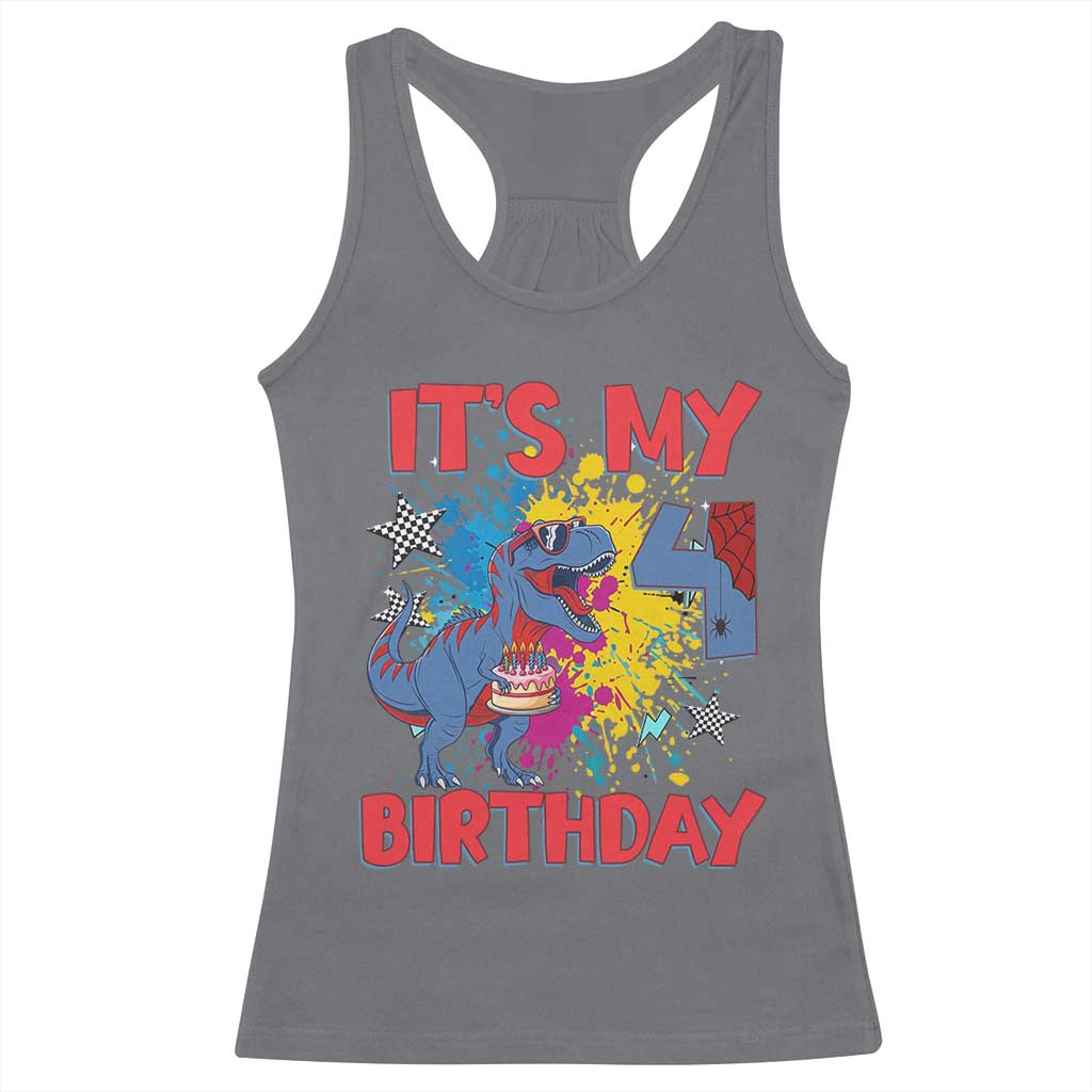 Dino Spider Its My 4th Birthday Racerback Tank Top Dinosaur Gift For Boys TS12 Charcoal Print Your Wear