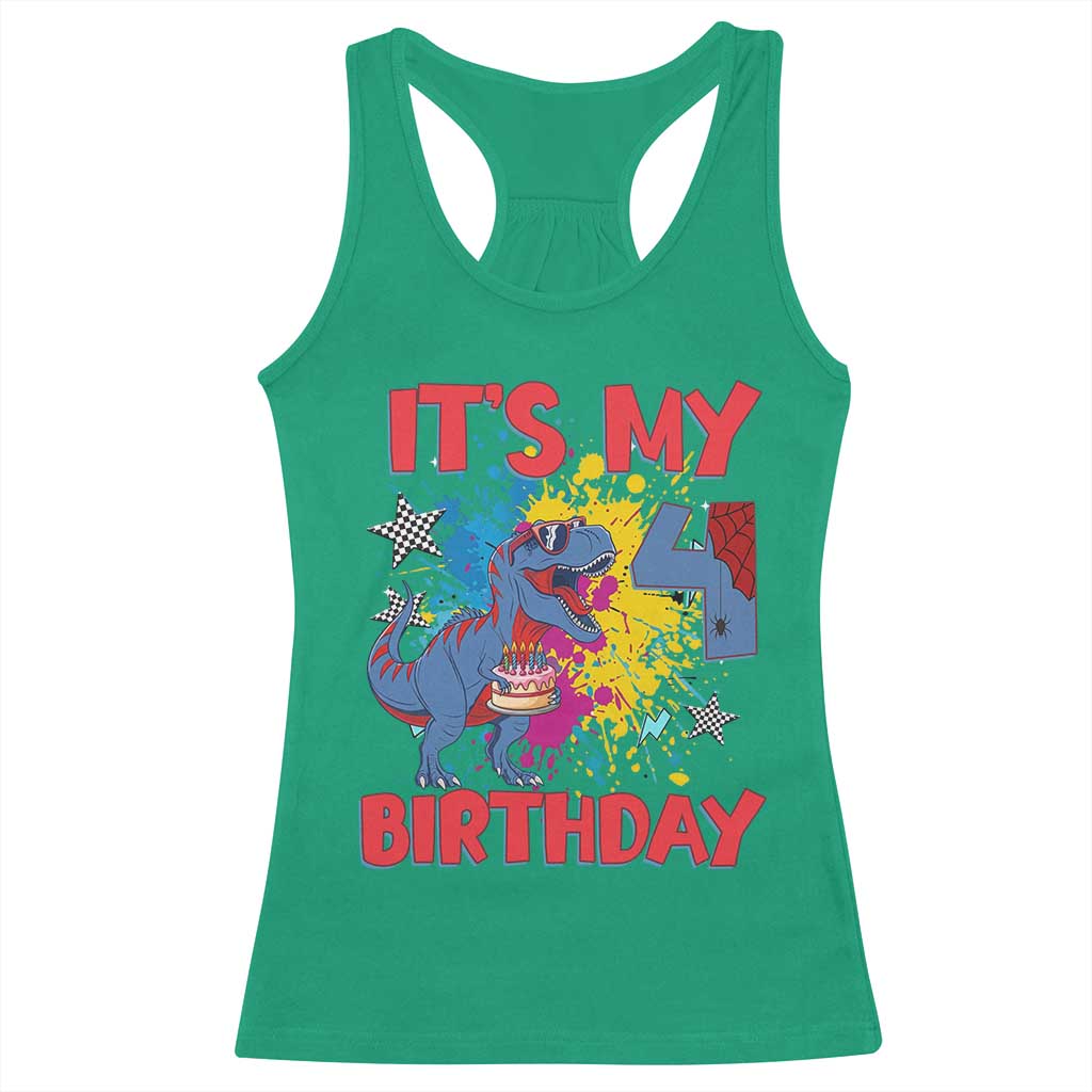 Dino Spider Its My 4th Birthday Racerback Tank Top Dinosaur Gift For Boys TS12 Irish Green Print Your Wear