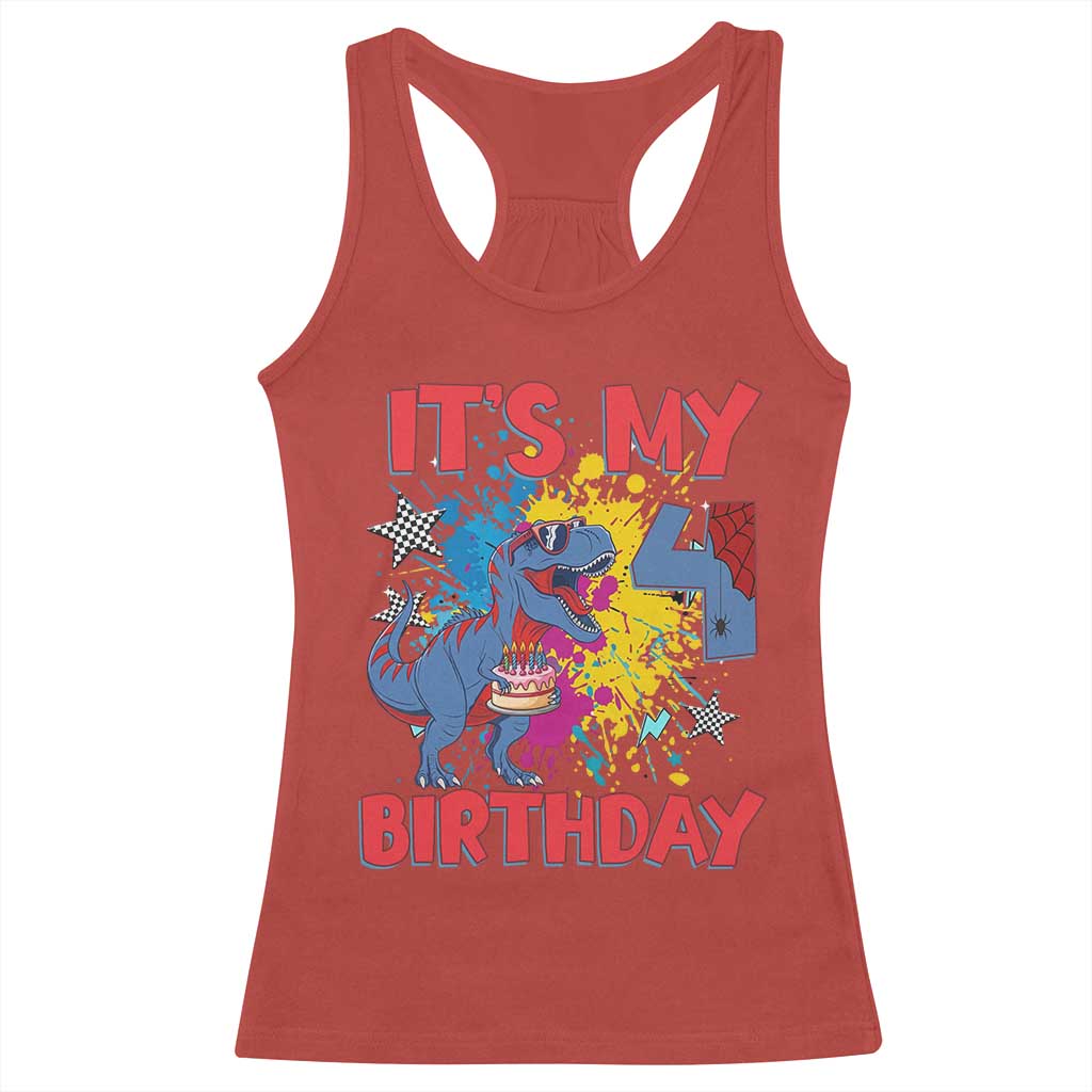 Dino Spider Its My 4th Birthday Racerback Tank Top Dinosaur Gift For Boys TS12 Red Print Your Wear