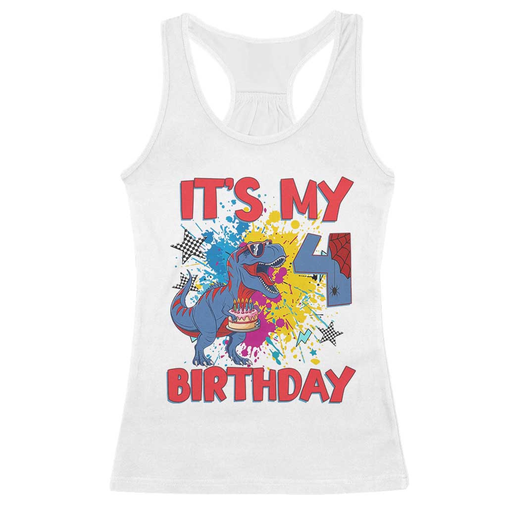 Dino Spider Its My 4th Birthday Racerback Tank Top Dinosaur Gift For Boys TS12 White Print Your Wear