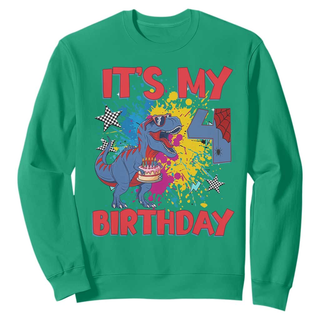Dino Spider Its My 4th Birthday Sweatshirt Dinosaur Gift For Boys TS12 Irish Green Print Your Wear