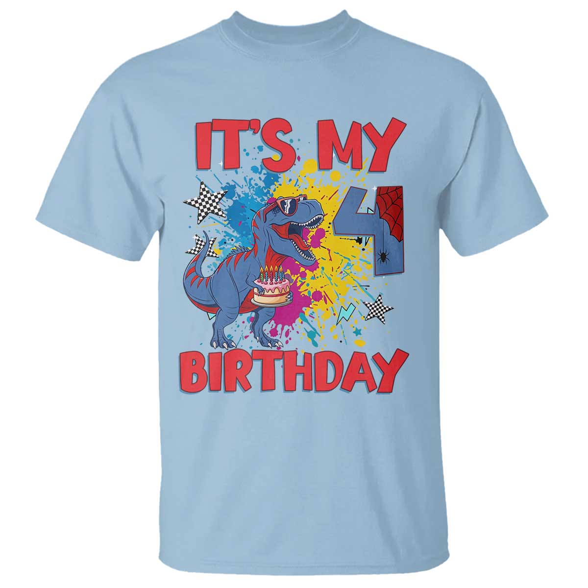 Dino Spider Its My 4th Birthday T Shirt Dinosaur Gift For Boys TS12 Light Blue Print Your Wear