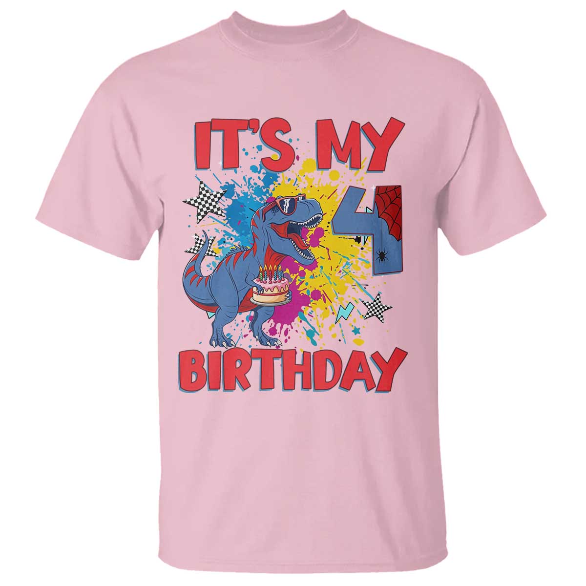 Dino Spider Its My 4th Birthday T Shirt Dinosaur Gift For Boys TS12 Light Pink Print Your Wear