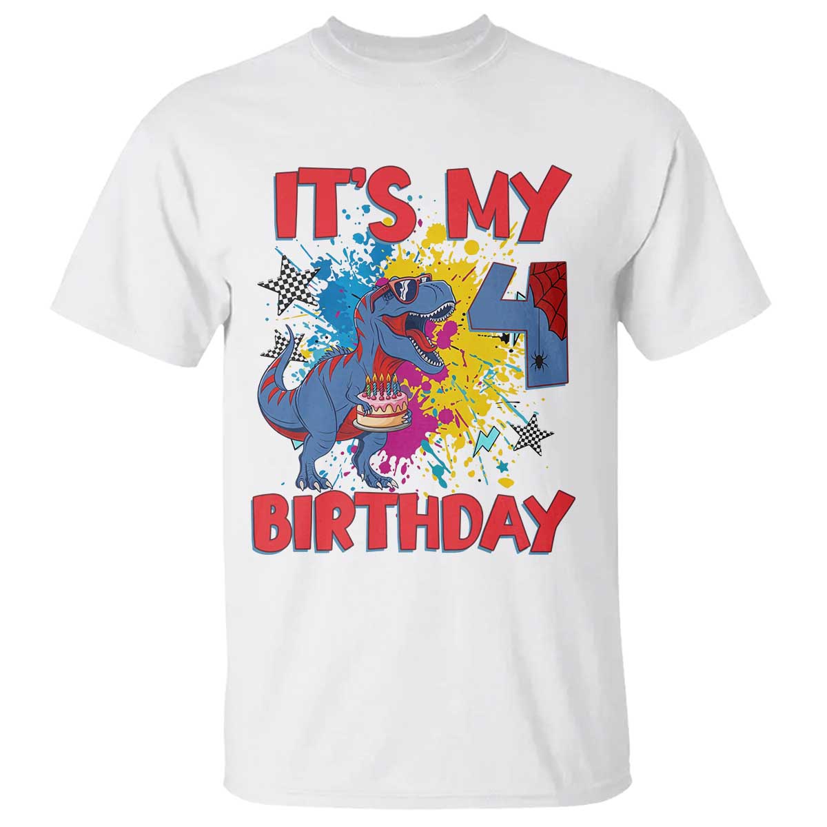 Dino Spider Its My 4th Birthday T Shirt Dinosaur Gift For Boys TS12 White Print Your Wear