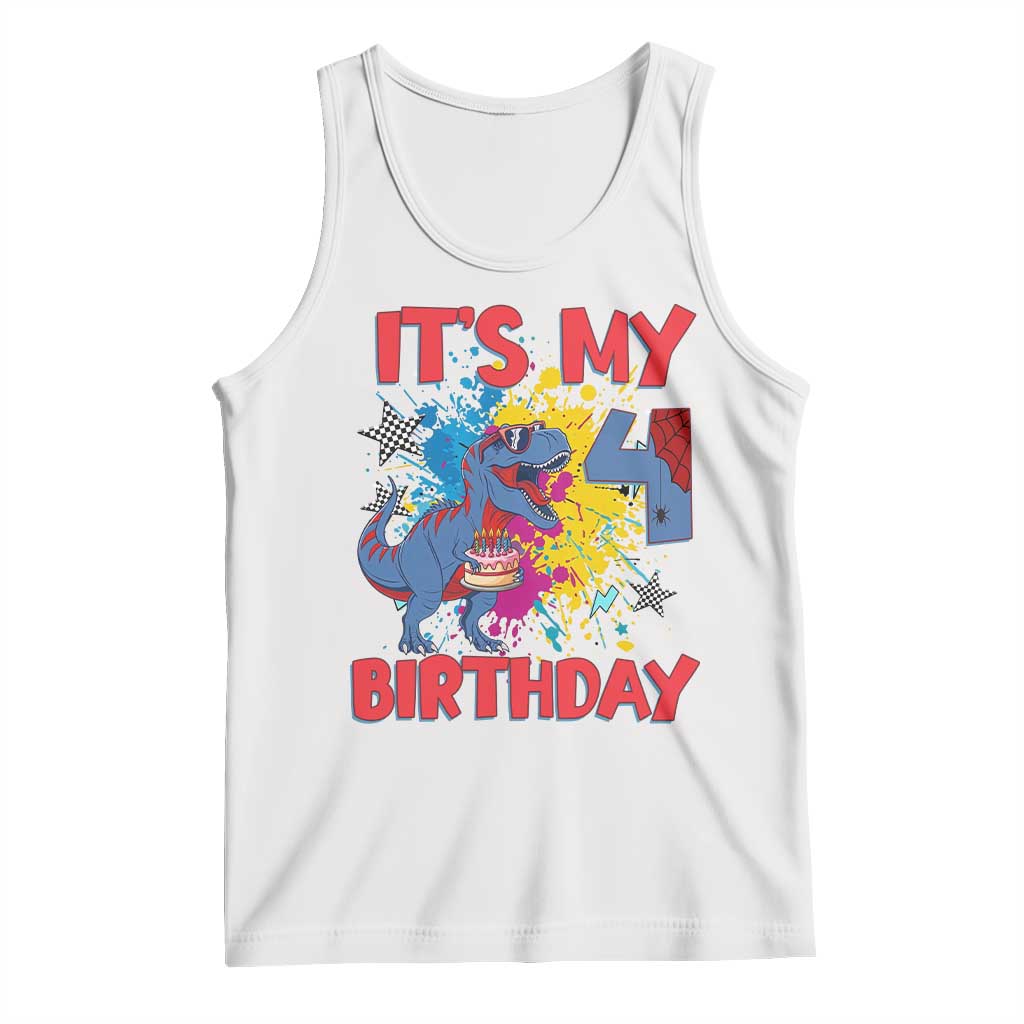 Dino Spider Its My 4th Birthday Tank Top Dinosaur Gift For Boys TS12 White Print Your Wear