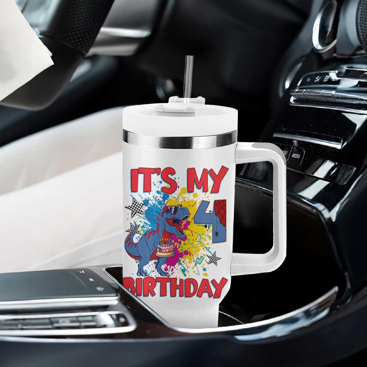 Dino Spider Its My 4th Birthday Tumbler With Handle Dinosaur Gift For Boys TS12 Print Your Wear