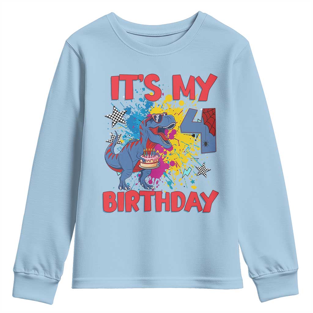 Dino Spider Its My 4th Birthday Youth Sweatshirt Dinosaur Gift For Boys TS12 Light Blue Print Your Wear