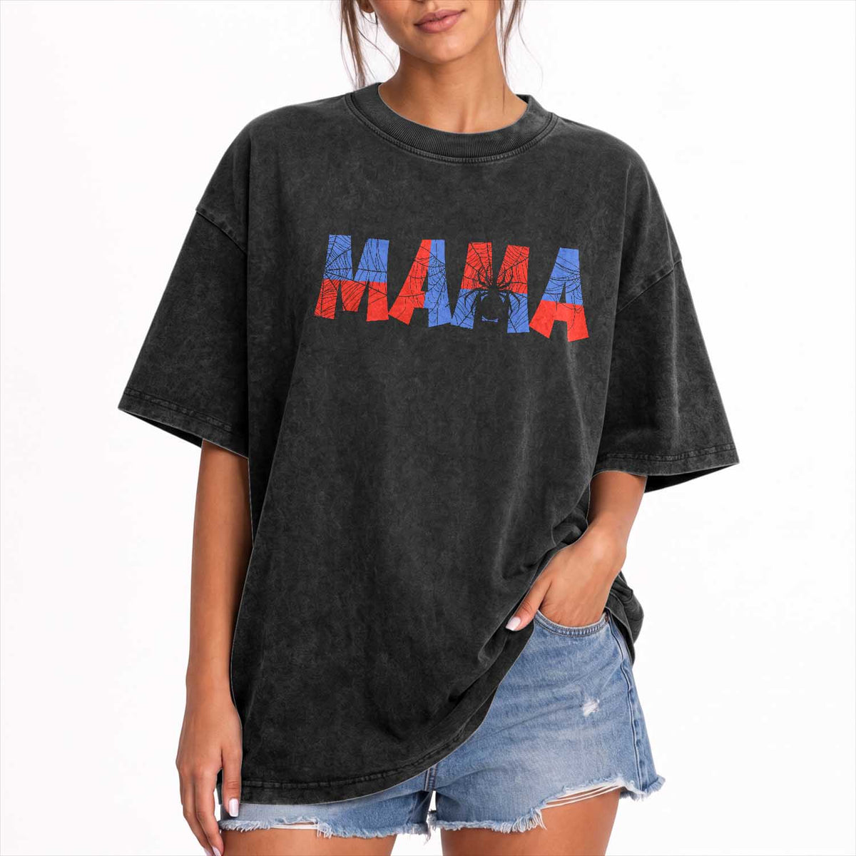 Spooky Mama Spider Web Washed Cotton T-Shirt Cute Halloween Mom Gift