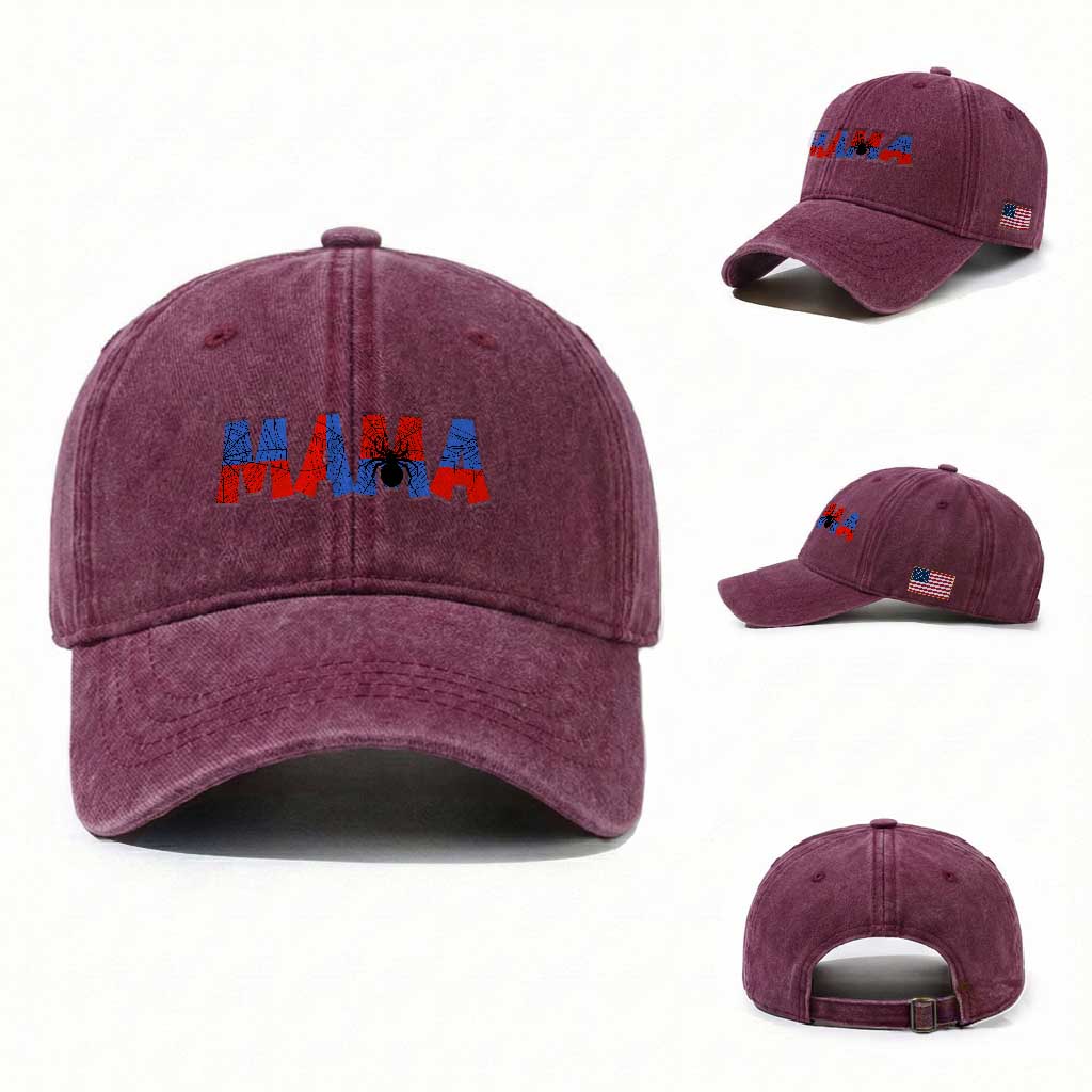 Spooky Mama Spider Web Washed Cotton Baseball Cap Cute Halloween Mom Gift TS12 Washed Cap Universal Fit Burgundy Print Your Wear