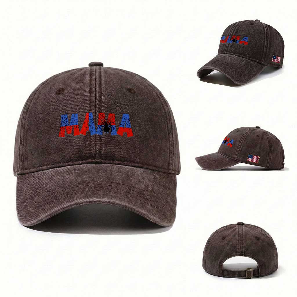 Spooky Mama Spider Web Washed Cotton Baseball Cap Cute Halloween Mom Gift TS12 Washed Cap Universal Fit Dark Brown Print Your Wear
