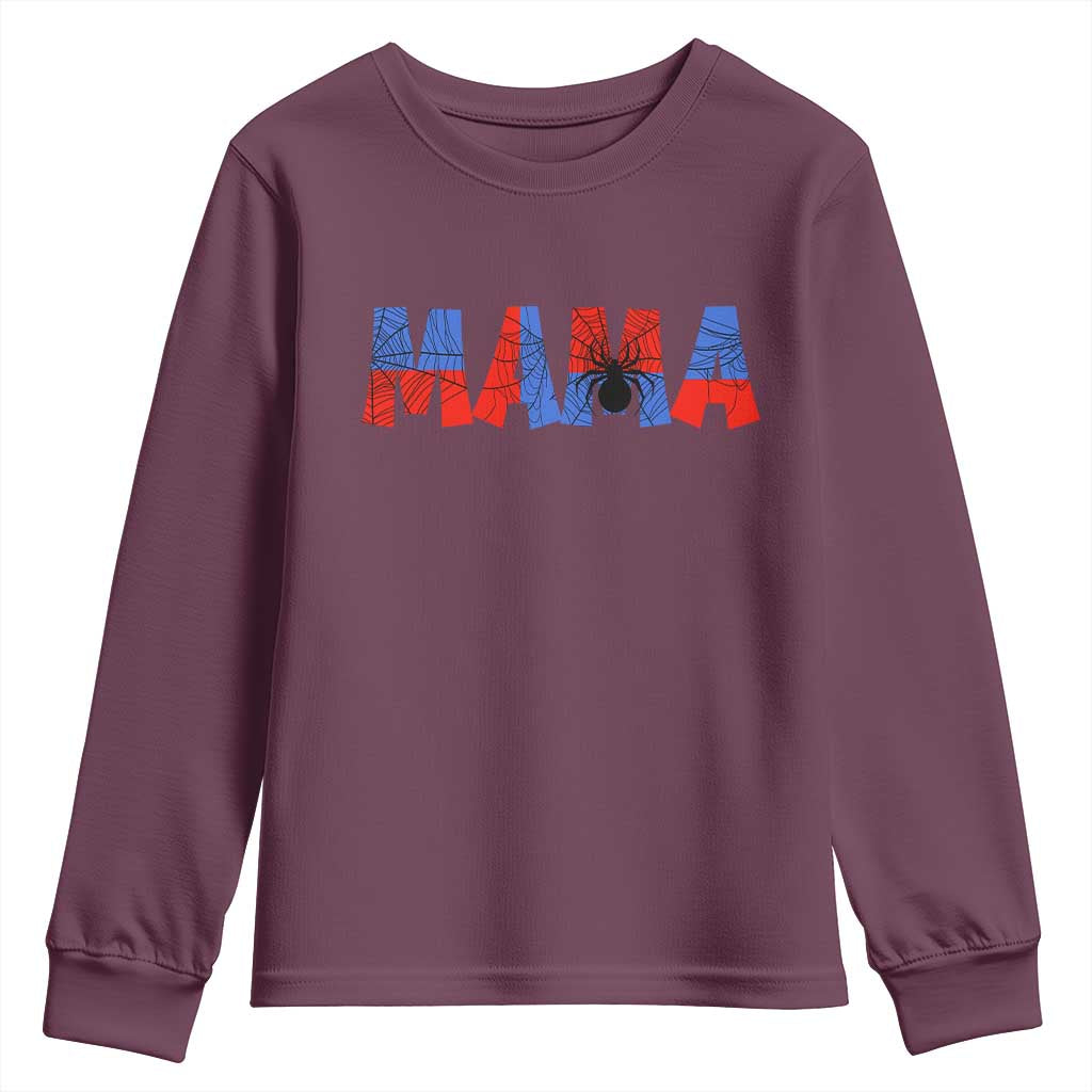 Spooky Mama Spider Web Youth Sweatshirt Cute Halloween Mom Gift TS12 Maroon Print Your Wear