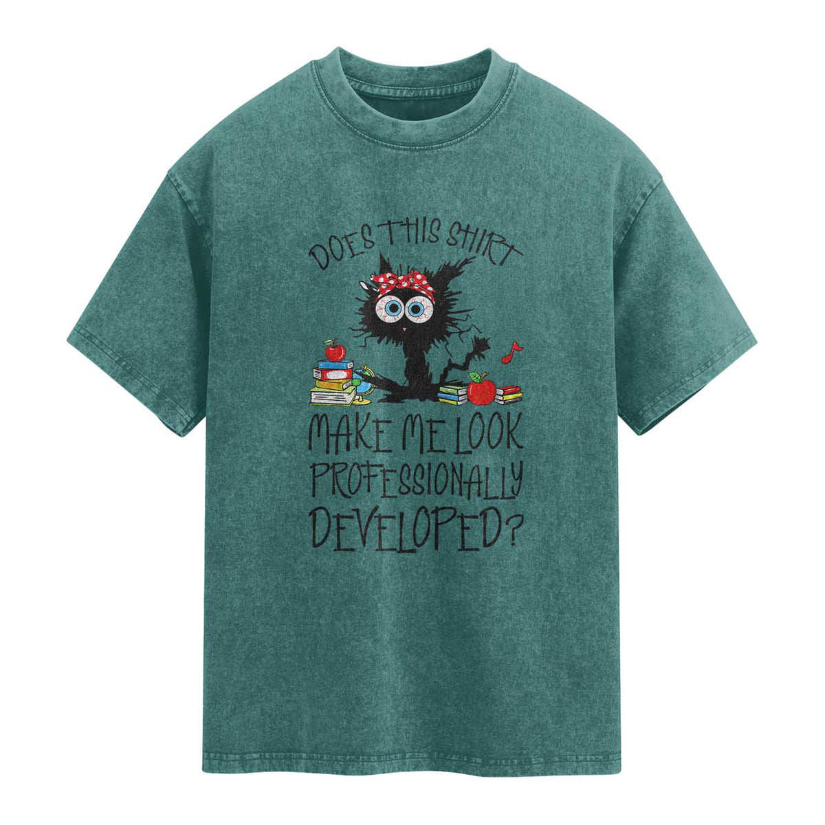 Funny Teacher Black Cat Washed Cotton T-Shirt Does This Shirt Make Me Look Professionally Developed
