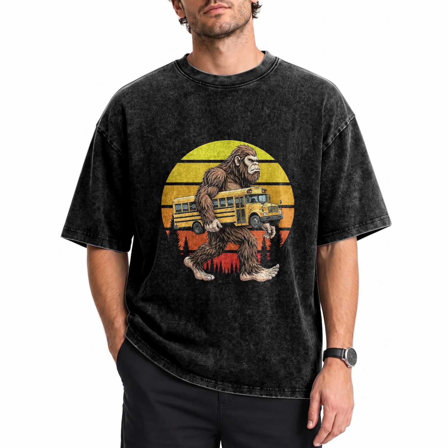 Funny Bigfoot School Bus Lover Washed Cotton T-Shirt Sasquatch Back To School Vintage Gift