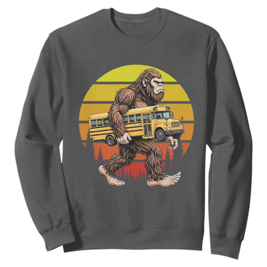 Funny Bigfoot School Bus Lover Sweatshirt Sasquatch Back To School Vintage Gift TS12 Dark Heather Print Your Wear