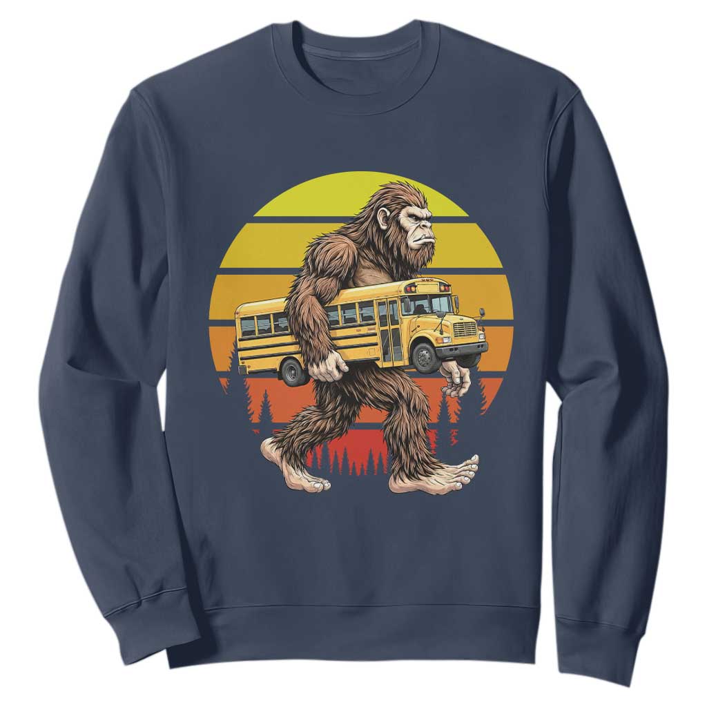 Funny Bigfoot School Bus Lover Sweatshirt Sasquatch Back To School Vintage Gift TS12 Navy Print Your Wear