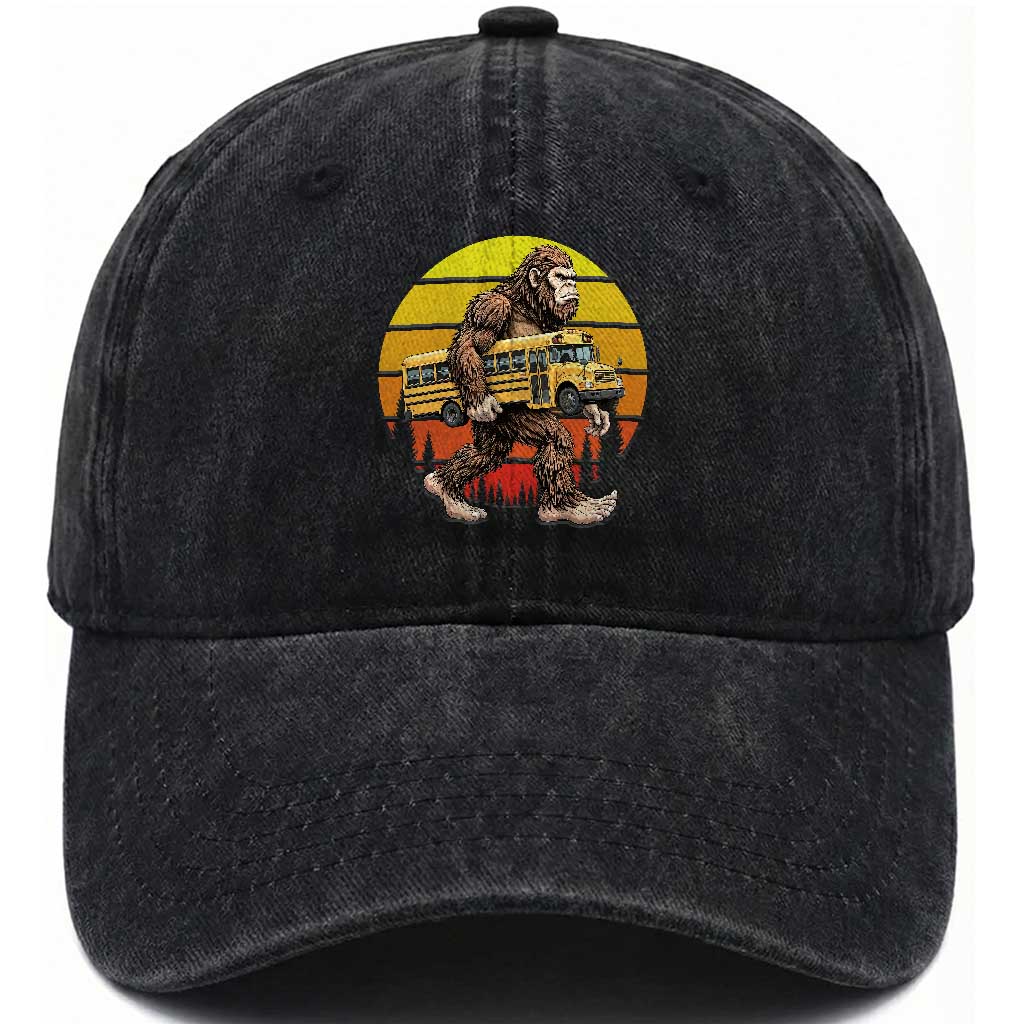 Funny Bigfoot School Bus Lover Washed Cotton Baseball Cap Sasquatch Back To School Vintage Gift TS12 Print Your Wear