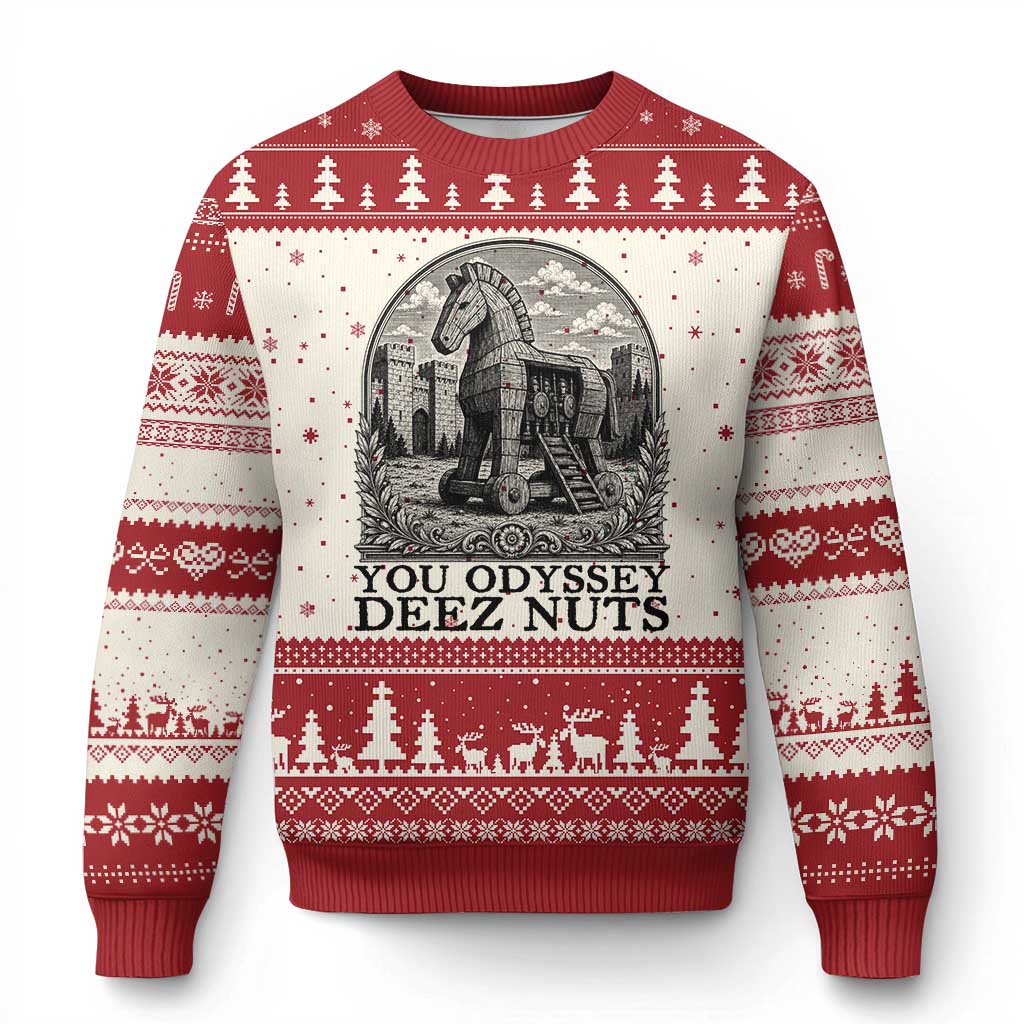 Funny You Odyssey Deez Nuts Trojan Horse Ugly Christmas Sweater Ancient Greek History Gift TS12 Beige Red Print Your Wear