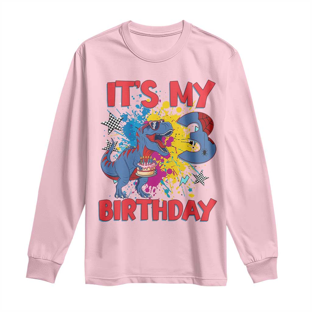 Dino Spider Its My 3rd Birthday Long Sleeve Shirt Dinosaur Gift For Boys TS12 Light Pink Print Your Wear