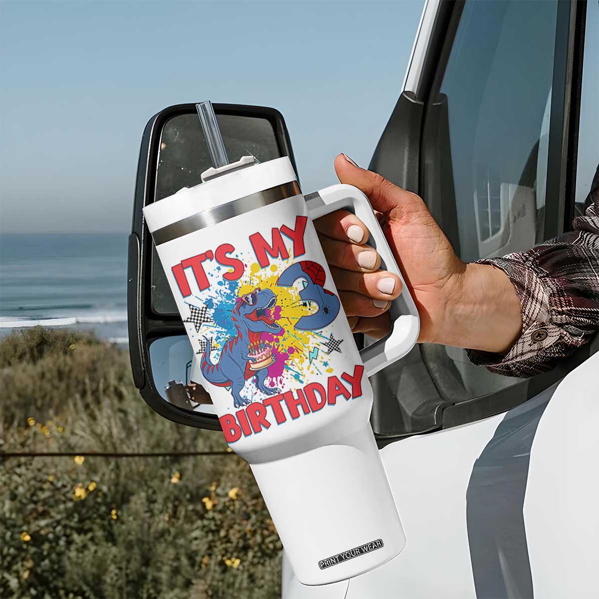Dino Spider Its My 3rd Birthday Tumbler With Handle Dinosaur Gift For Boys TS12 Print Your Wear
