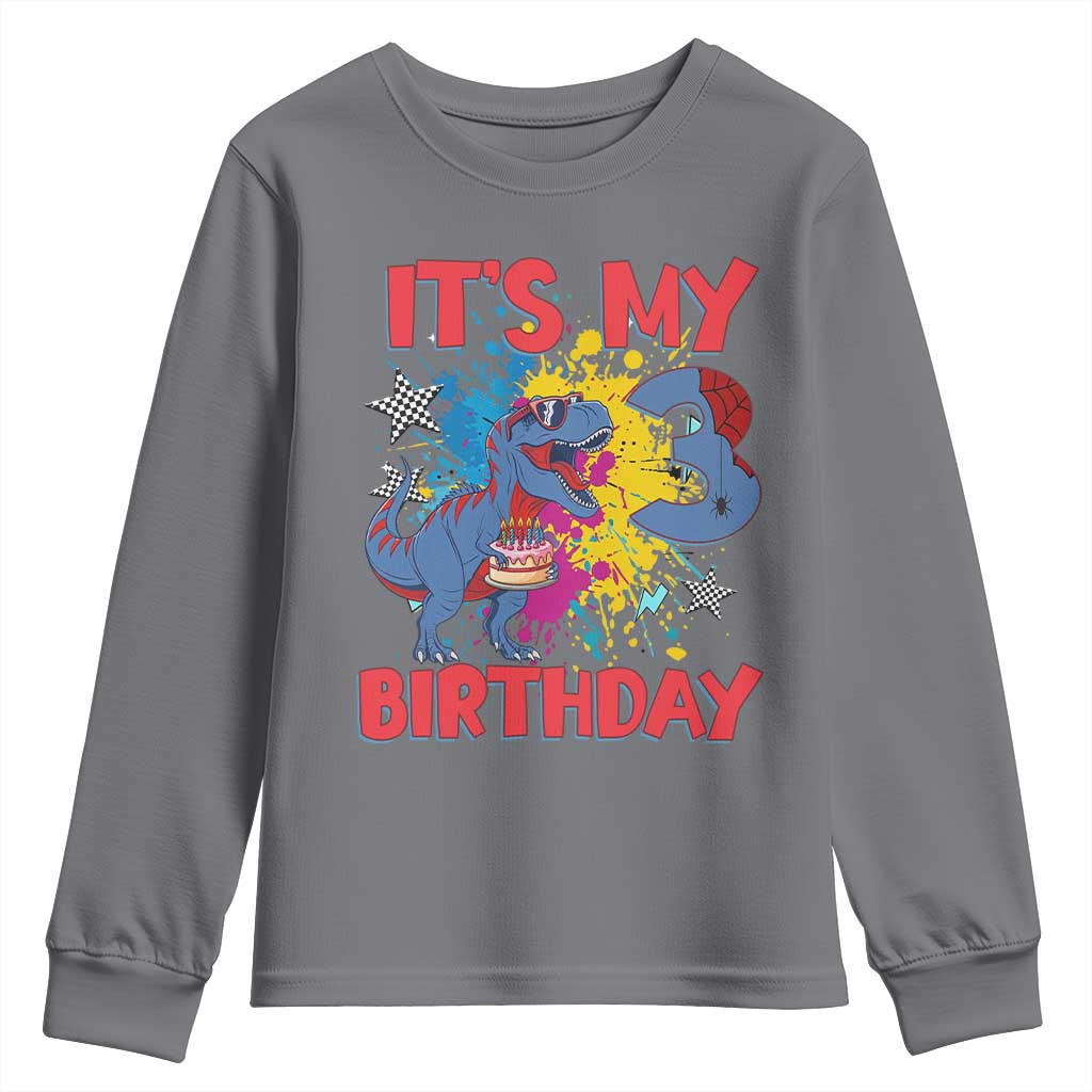 Dino Spider Its My 3rd Birthday Youth Sweatshirt Dinosaur Gift For Boys TS12 Charcoal Print Your Wear