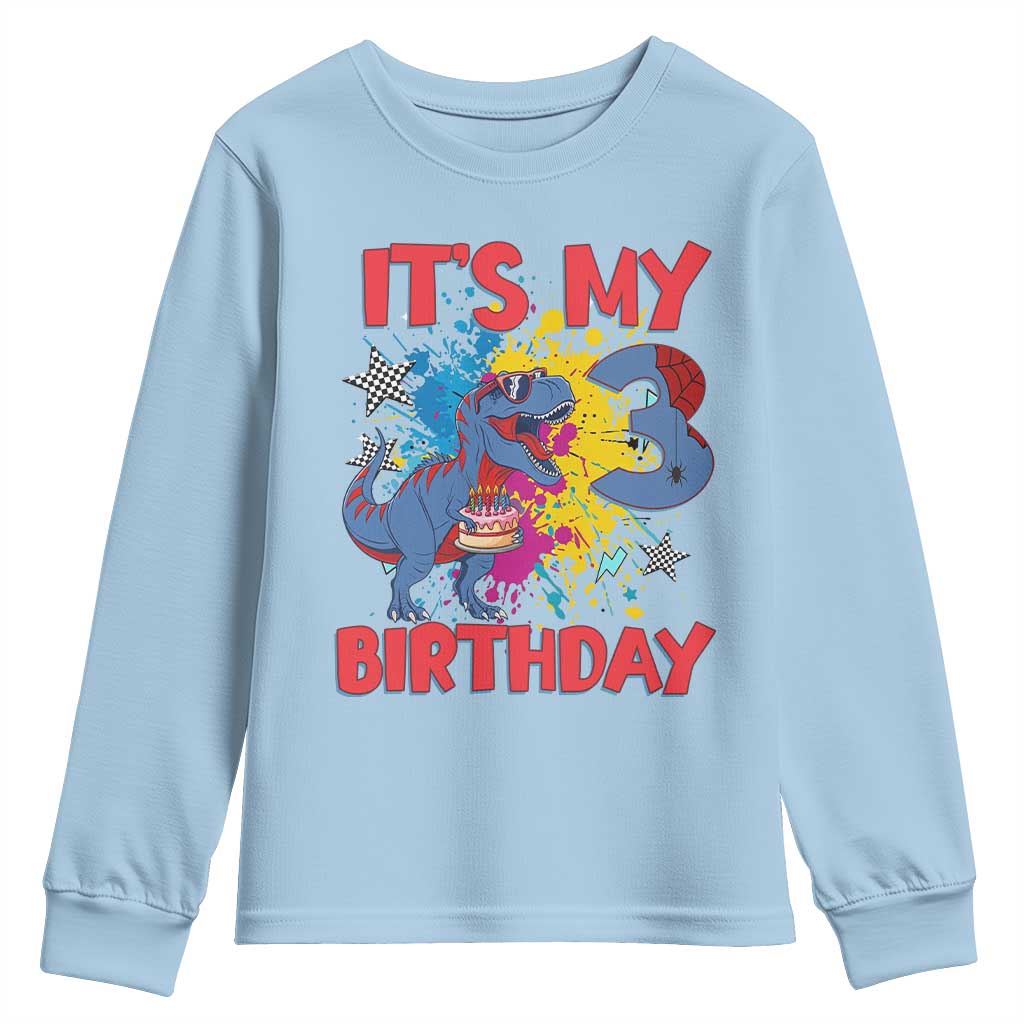 Dino Spider Its My 3rd Birthday Youth Sweatshirt Dinosaur Gift For Boys TS12 Light Blue Print Your Wear