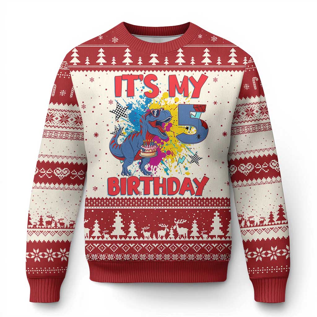 Dino Spider Its My 5th Birthday Ugly Christmas Sweater Dinosaur Gift For Boys TS12 Beige Red Print Your Wear