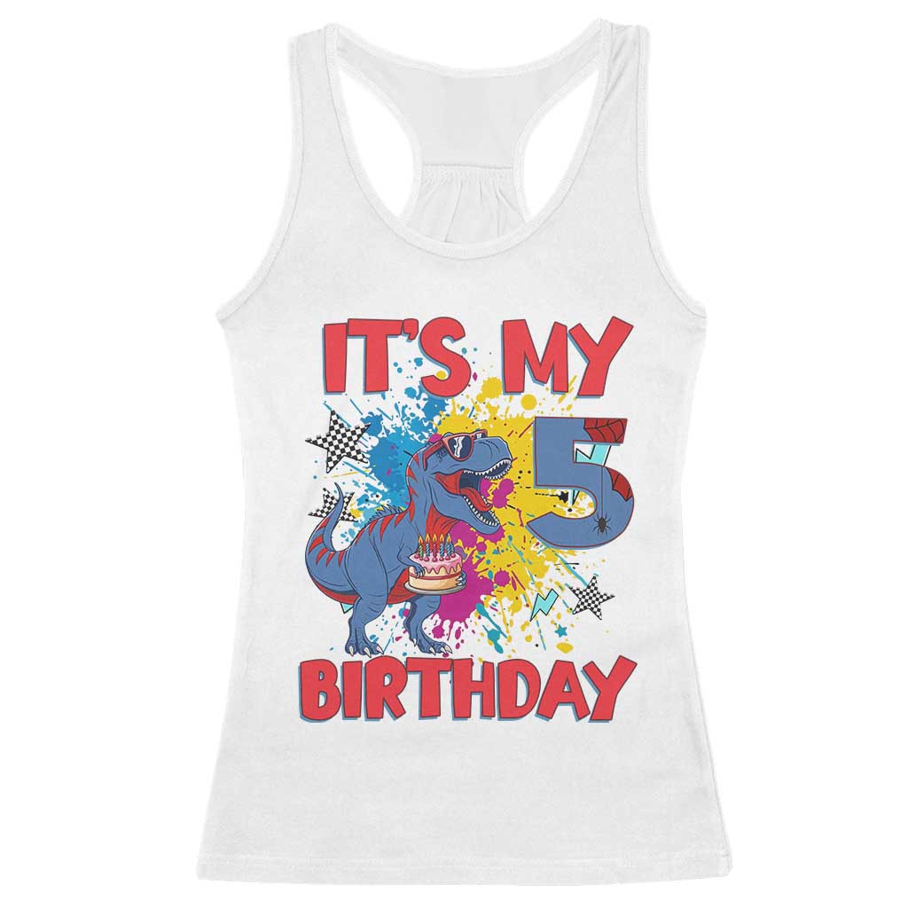 Dino Spider Its My 5th Birthday Racerback Tank Top Dinosaur Gift For Boys TS12 White Print Your Wear