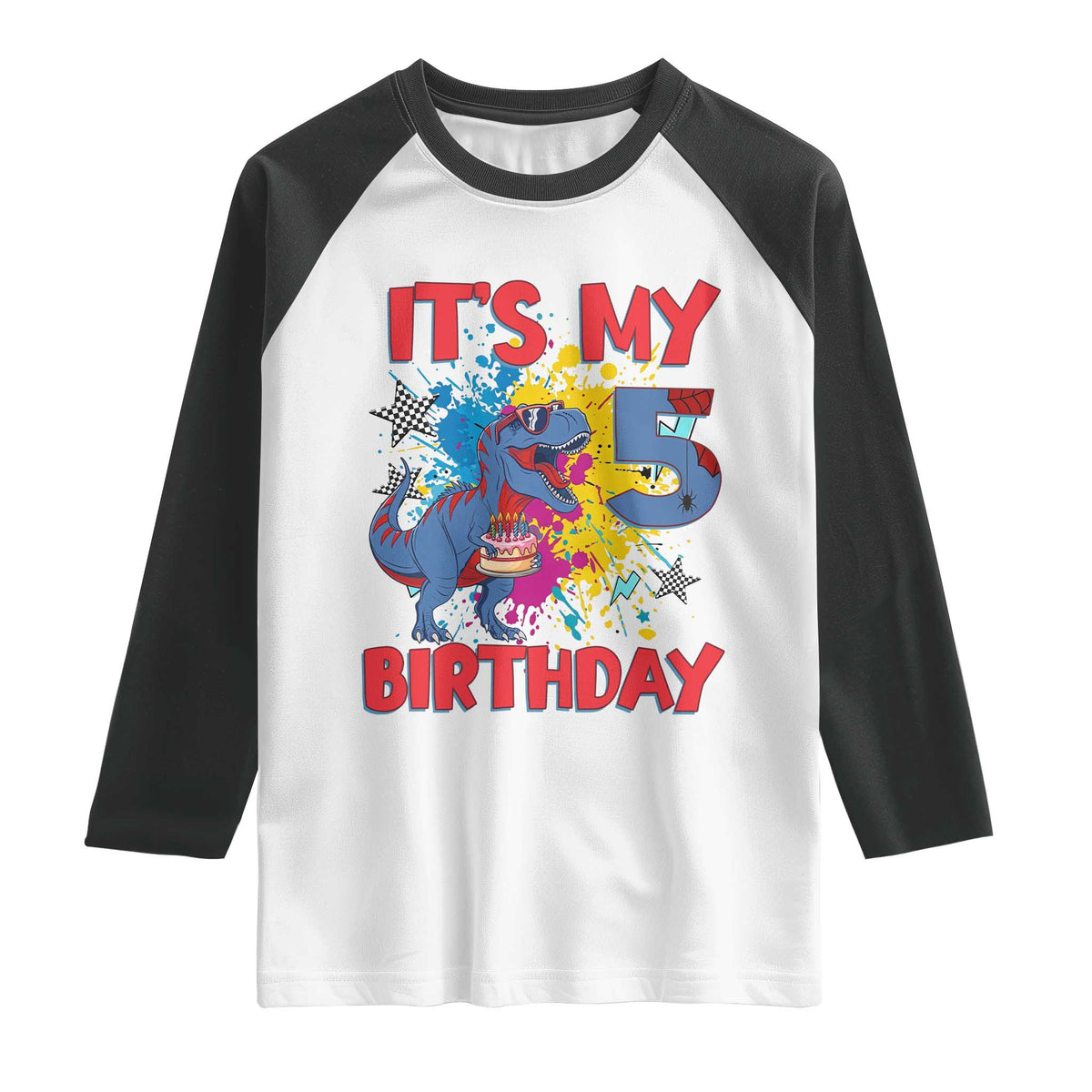 Dino Spider Its My 5th Birthday Raglan Shirt Dinosaur Gift For Boys TS12 White Black Print Your Wear
