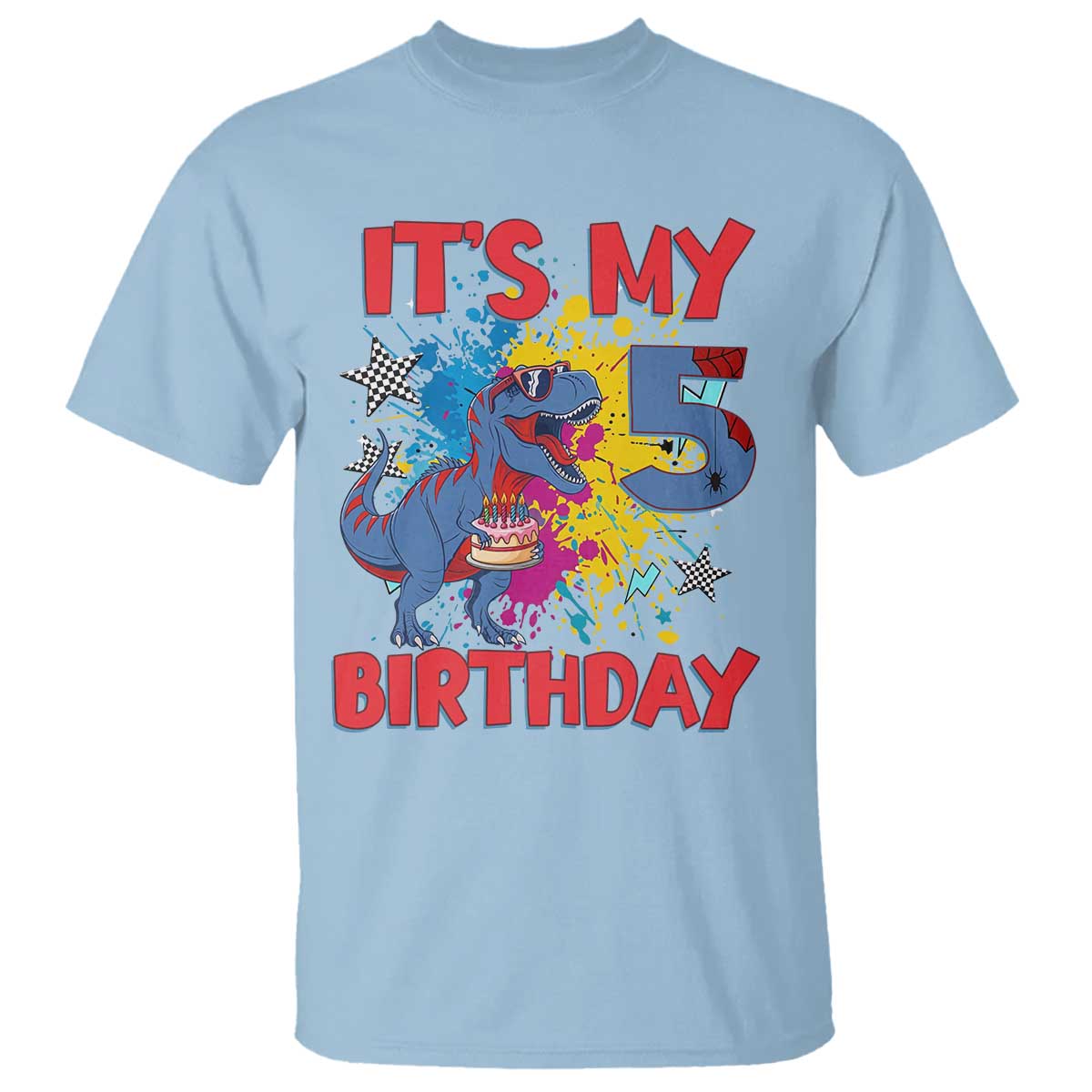 Dino Spider Its My 5th Birthday T Shirt Dinosaur Gift For Boys TS12 Light Blue Print Your Wear