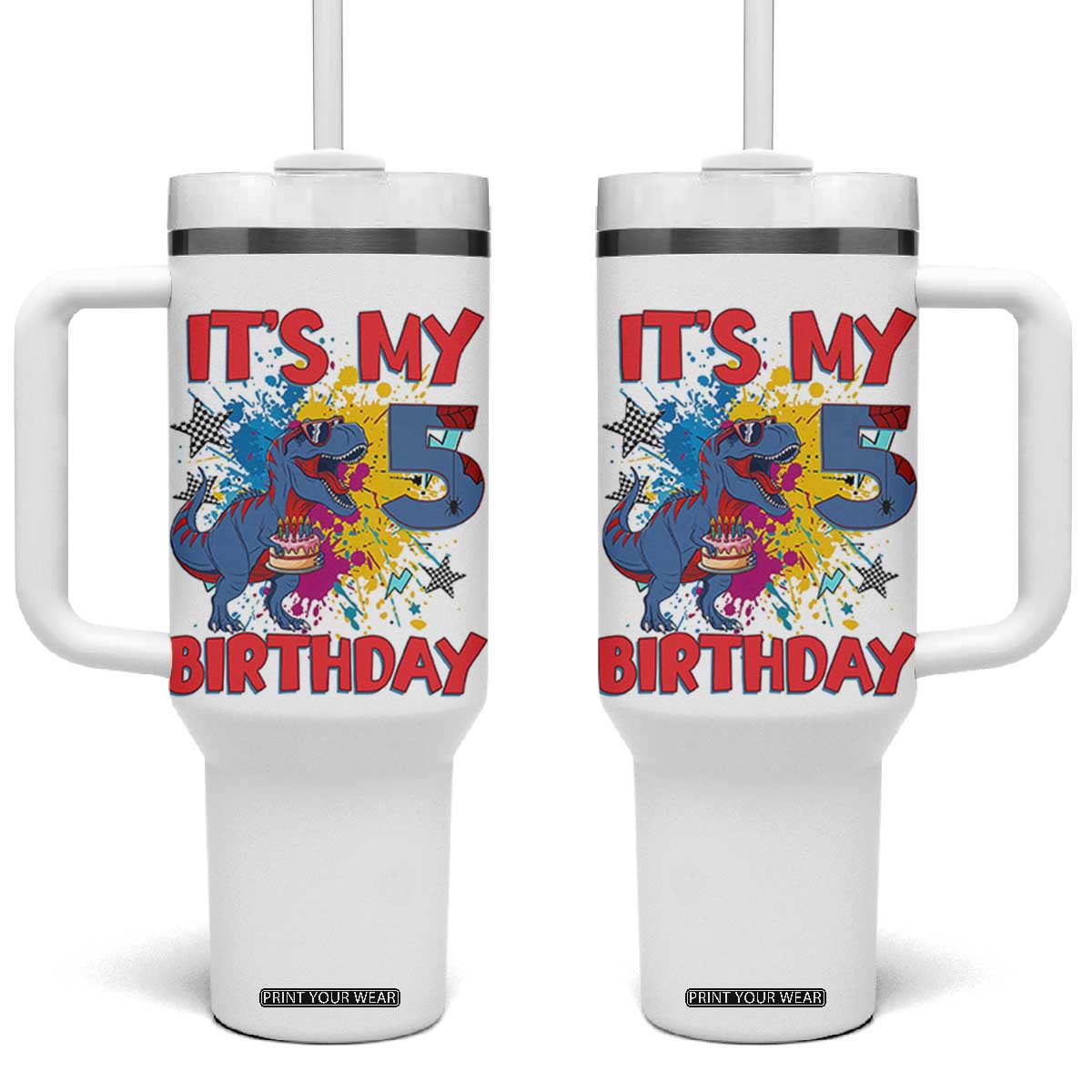Dino Spider Its My 5th Birthday Tumbler With Handle Dinosaur Gift For Boys TS12 One Size: 40 oz White Print Your Wear
