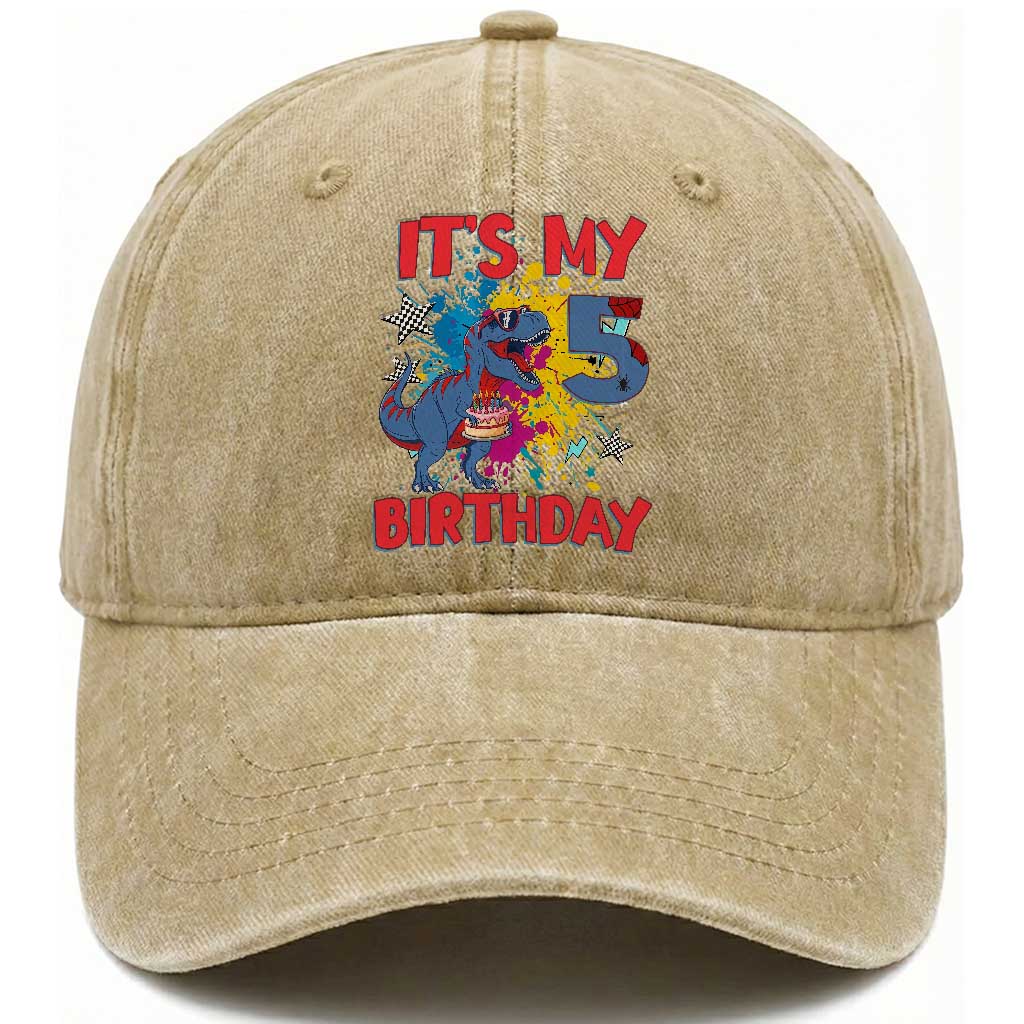Dino Spider Its My 5th Birthday Washed Cotton Baseball Cap Dinosaur Gift For Boys TS12 Print Your Wear