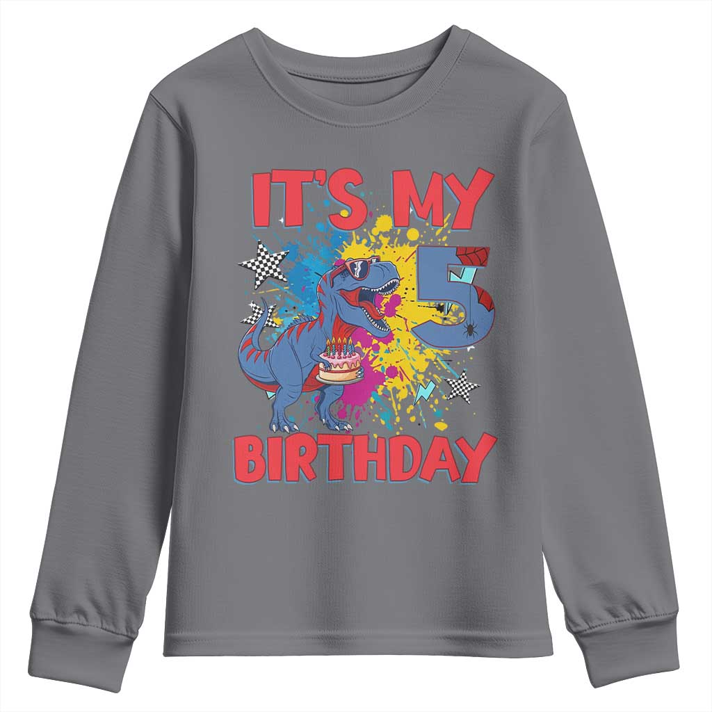 Dino Spider Its My 5th Birthday Youth Sweatshirt Dinosaur Gift For Boys TS12 Charcoal Print Your Wear