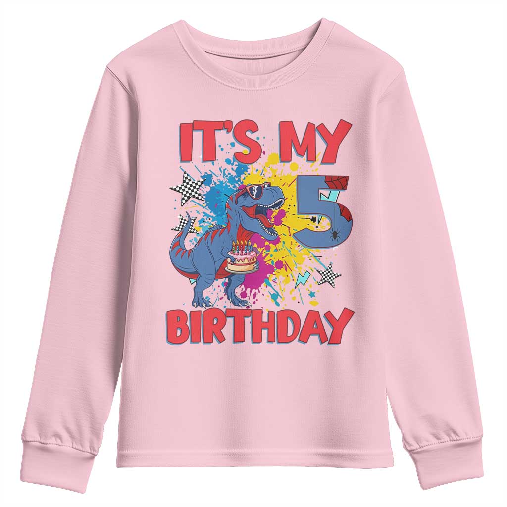 Dino Spider Its My 5th Birthday Youth Sweatshirt Dinosaur Gift For Boys TS12 Light Pink Print Your Wear