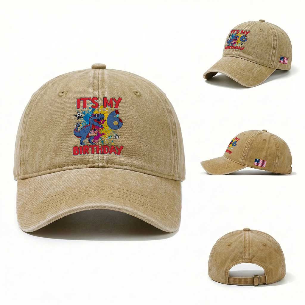 Dino Spider Its My 6th Birthday Washed Cotton Baseball Cap Dinosaur Gift For Boys TS12 Washed Cap Universal Fit Khaki Print Your Wear