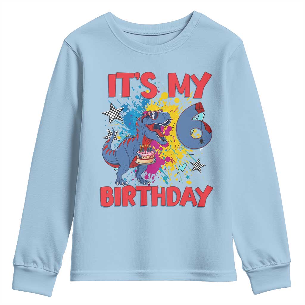 Dino Spider Its My 6th Birthday Youth Sweatshirt Dinosaur Gift For Boys TS12 Light Blue Print Your Wear