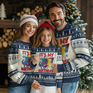 Dino Spider Its My 7th Birthday Ugly Christmas Sweater Dinosaur Gift For Boys TS12 Beige Navy Print Your Wear