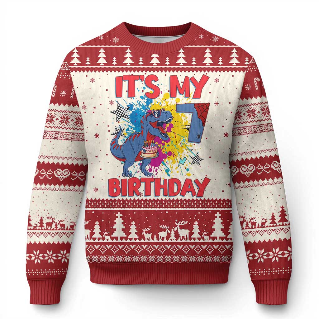 Dino Spider Its My 7th Birthday Ugly Christmas Sweater Dinosaur Gift For Boys TS12 Beige Red Print Your Wear