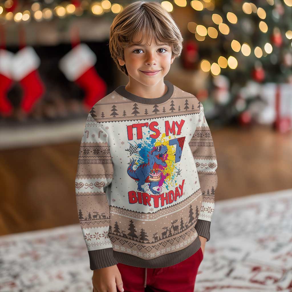 Dino Spider Its My 7th Birthday Ugly Christmas Sweater Dinosaur Gift For Boys TS12 Mocha Mousse Print Your Wear
