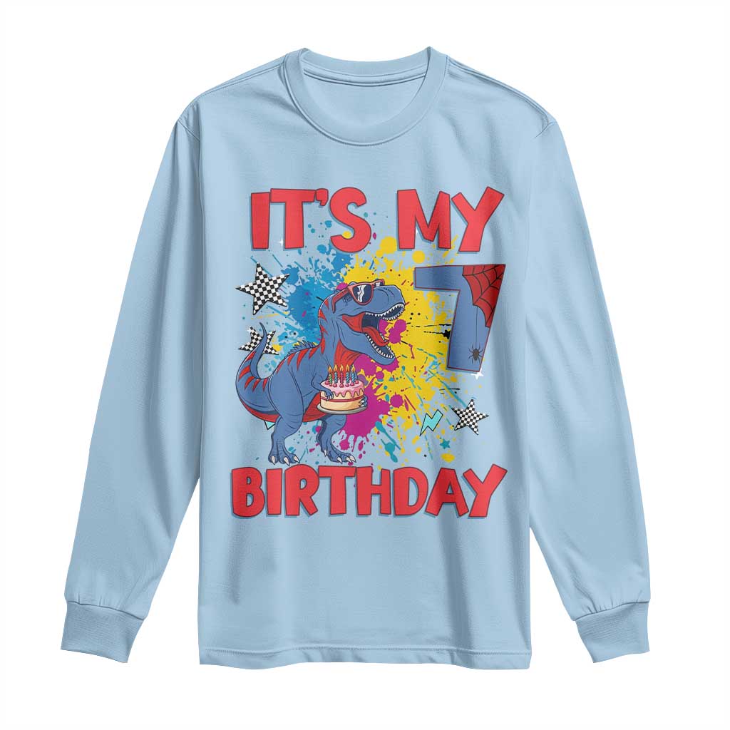 Dino Spider Its My 7th Birthday Long Sleeve Shirt Dinosaur Gift For Boys TS12 Light Blue Print Your Wear