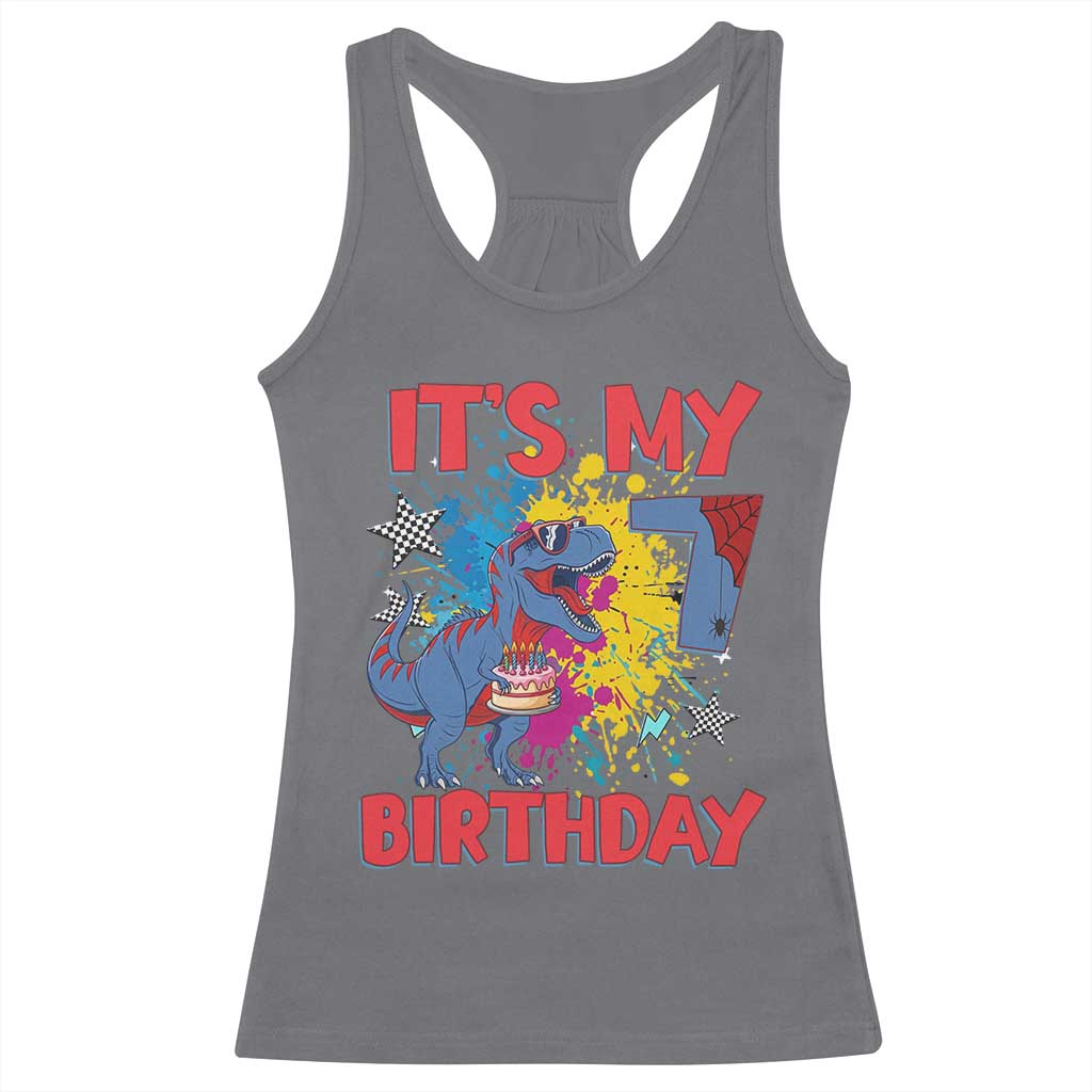 Dino Spider Its My 7th Birthday Racerback Tank Top Dinosaur Gift For Boys TS12 Charcoal Print Your Wear