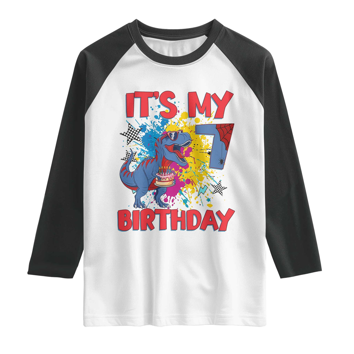 Dino Spider Its My 7th Birthday Raglan Shirt Dinosaur Gift For Boys TS12 White Black Print Your Wear