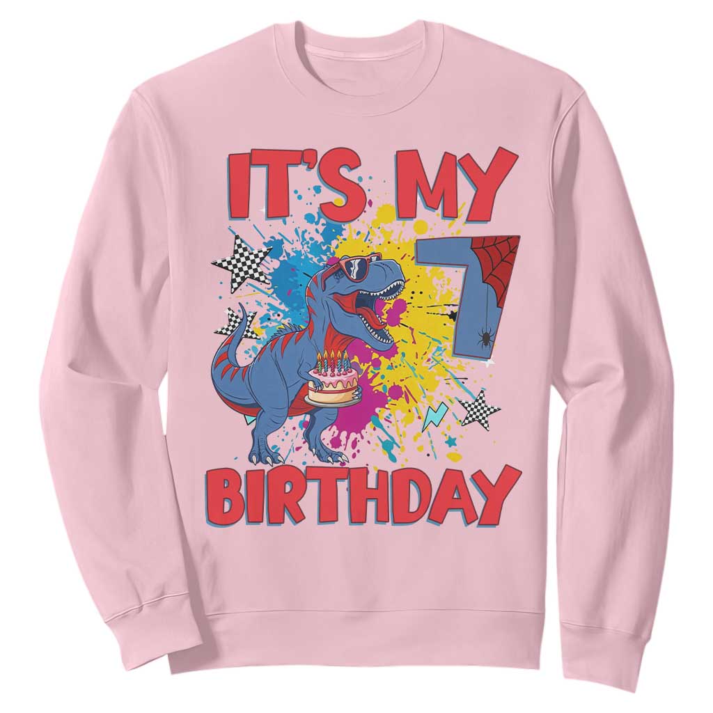 Dino Spider Its My 7th Birthday Sweatshirt Dinosaur Gift For Boys TS12 Light Pink Print Your Wear