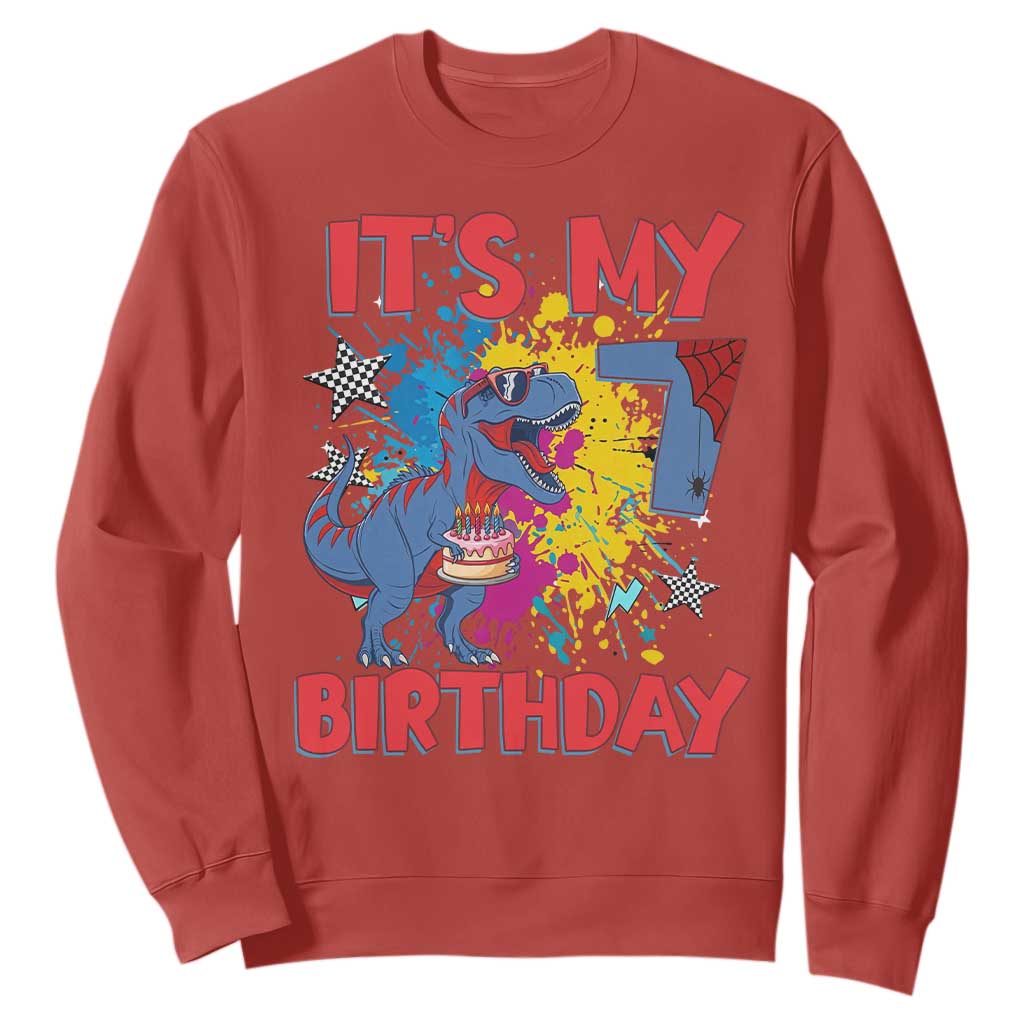 Dino Spider Its My 7th Birthday Sweatshirt Dinosaur Gift For Boys TS12 Red Print Your Wear