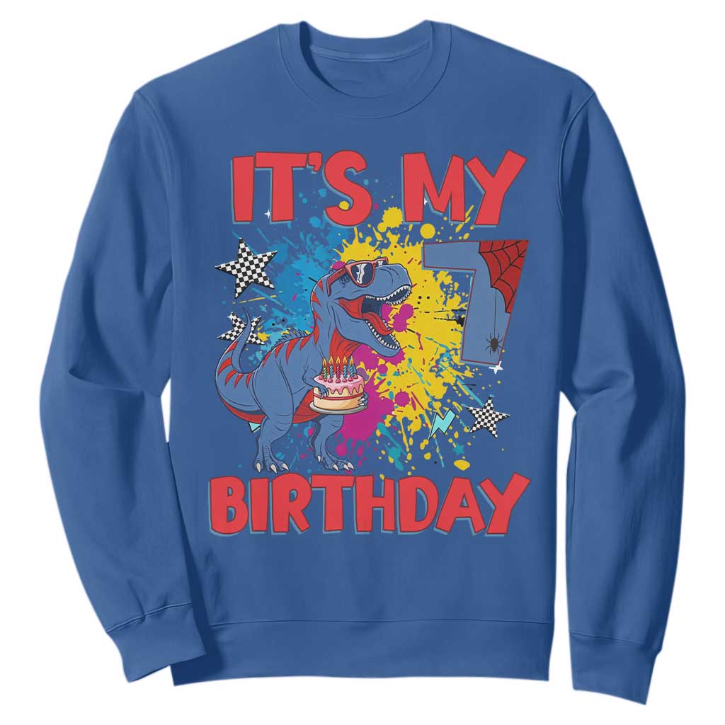 Dino Spider Its My 7th Birthday Sweatshirt Dinosaur Gift For Boys TS12 Royal Blue Print Your Wear